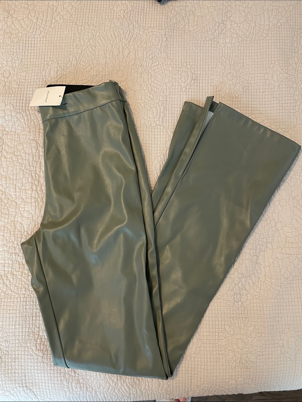 Faux Leather Flare, split hem Pants - Sage Green